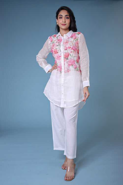 Floral Printed Linen Kurta Stitched