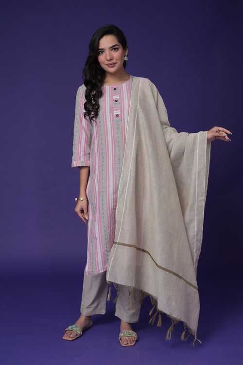 Printed Cotton Linen Kurta Set with Embroidered work