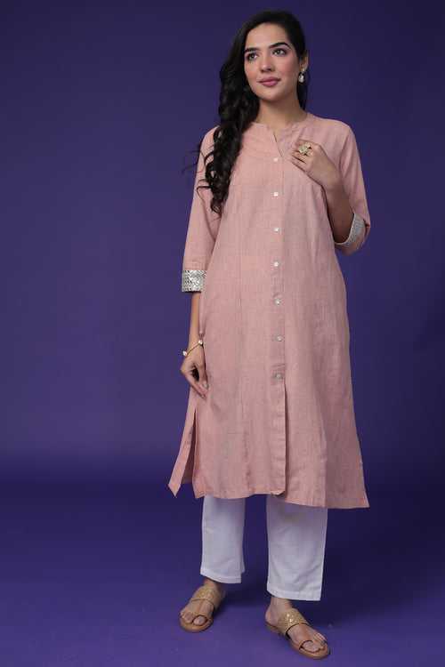Linen Kurta Stitched with Mirror and Embroidered work