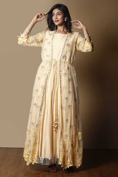 Cotton silk Suit in Yellow color with Aari, Gota Patti, Mirror, Sequins work.