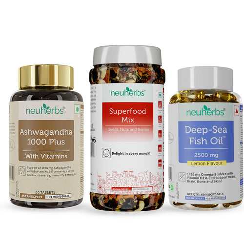 Heart Care & Stress Relief Pack - Fish oil for Heart & Brain & Ashwagandha Tablets for Stamina & Energy Levels and Superfood Mix for Weight Lose.