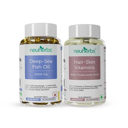 Hair & Skin Complete Beauty Combo - Fish Oil for Heart, Brain & Muscle Function & Hair Skin Vitamins for Glowing Skin and Stronger Hair