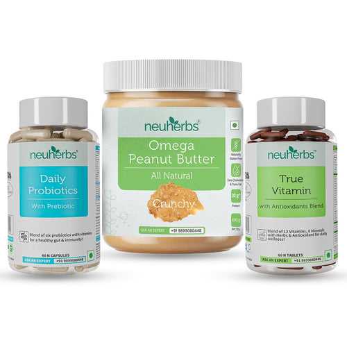 Daily Essentials Wellness Pack of 3 - All Natural Peanut Butter for Muscles Building & True Vitamins - Multivitamin Tablets for Energy, Stamina, Immunity & Daily Probiotics Helps in Gut & Immune Health