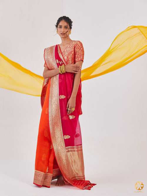 Mesmerizing Orange to Red Banarasi Ombre Organza Saree - Enchanting Gold Floral Borders