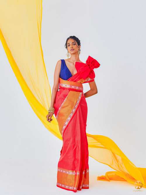 Exquisite Red Kanjivaram Saree with Small Checks - Adorned with Peacock and Laddu Kamalam Motifs