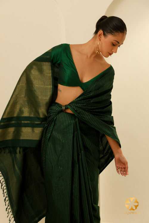 Bottle Green Handwoven Kanjivaram Saree with Contemporary Vertical Woven Stripes