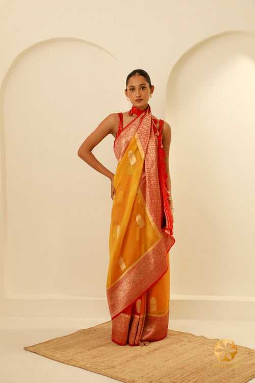 Ombre-Dyed Handwoven Kora Organza Saree in Yellow to Red Gradient