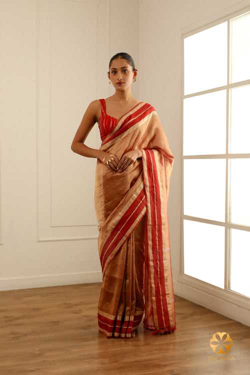 Burgundy Tissue Saree with Self Border and Woven Zari Details