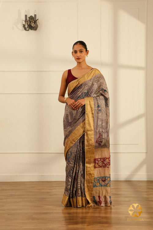 Handwoven Tussar Grey Silk Saree with Palm Trees Depicted in Natural Kalamkari