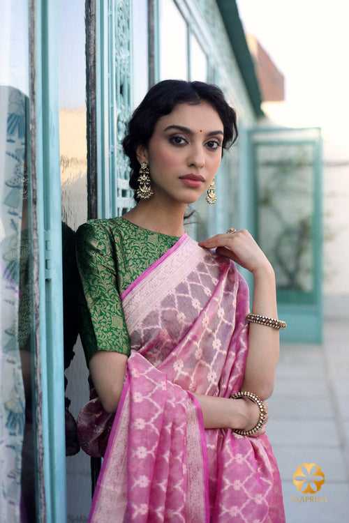 Elegant Pink and Gold Handwoven Tissue Saree with Curvy Geometrical Patterns