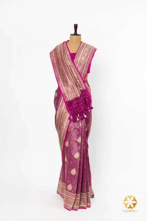 Magenta Banarasi Brocade Saree with Butis and Hot Pink Selvedge