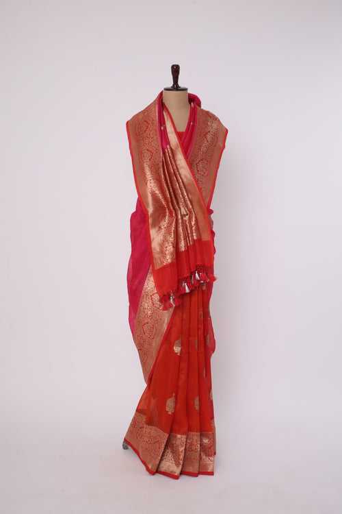 Mesmerizing Pink to Red Ombre Banarasi Organza Saree with Enchanting Gold Floral Borders
