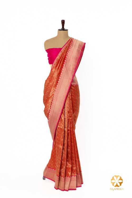 Red Brocade Banarasi Saree with Hot Pink Border