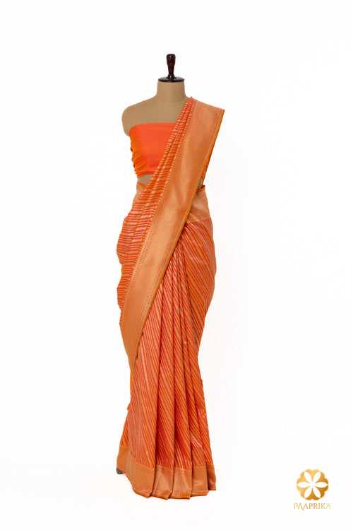 Orange Geometrical Woven Stripes Banarasi Saree with Self Border