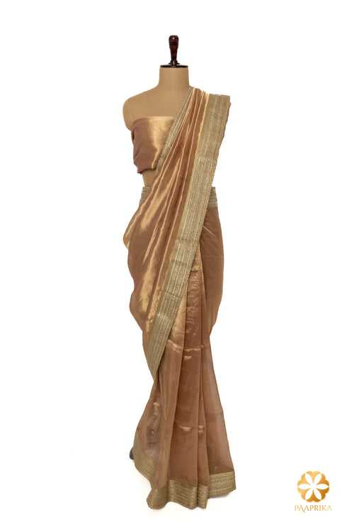 Gold Handcrafted Tissue Saree with Embellished Border