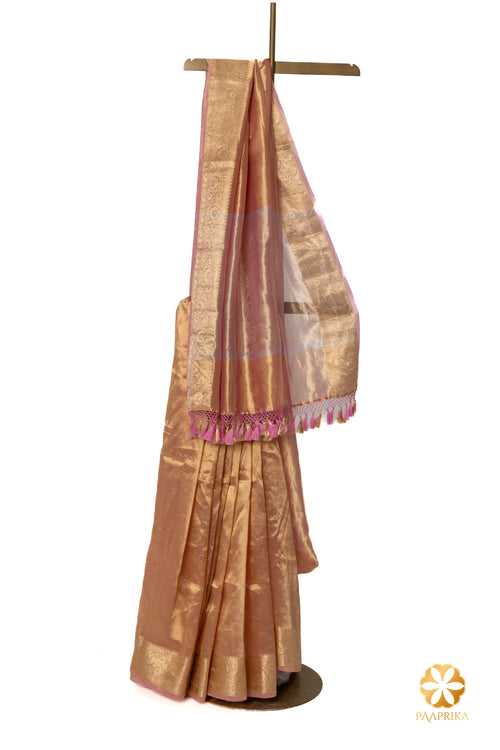 Lavender Pink Handcrafted Tissue Saree with Zari Border