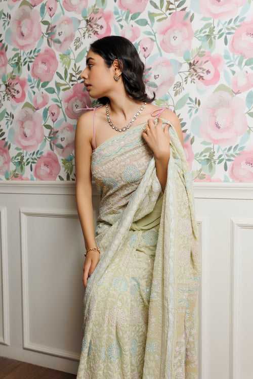 Mint Green Handcrafted Chikankari Saree With Sequins Embroidery