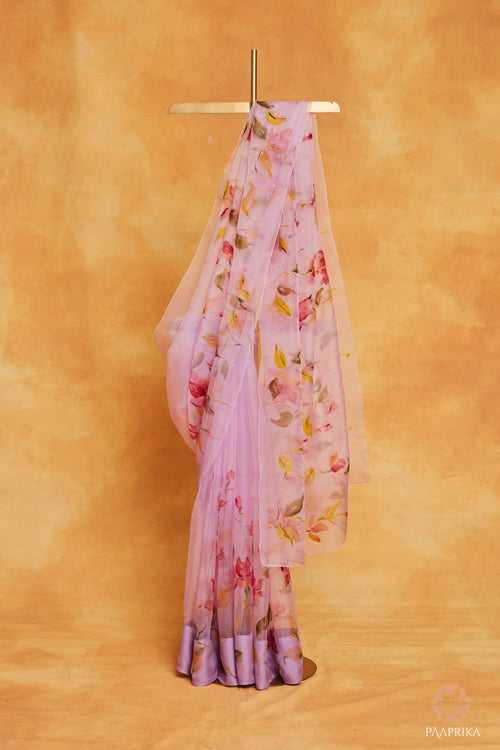 Pastel Plum Lilac Handpainted Organza Saree With Mukaish Embroidery