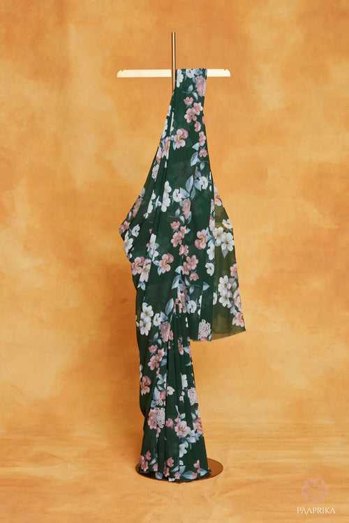 Trendy Bottle Green Floral Printed Georgette Saree - Stay Fashion-forward with Nature's Bloom