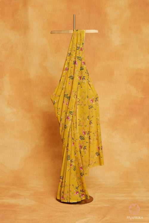 Radiant Yellow Floral Printed Georgette Saree - Embrace the Sunshine with Graceful Florals"