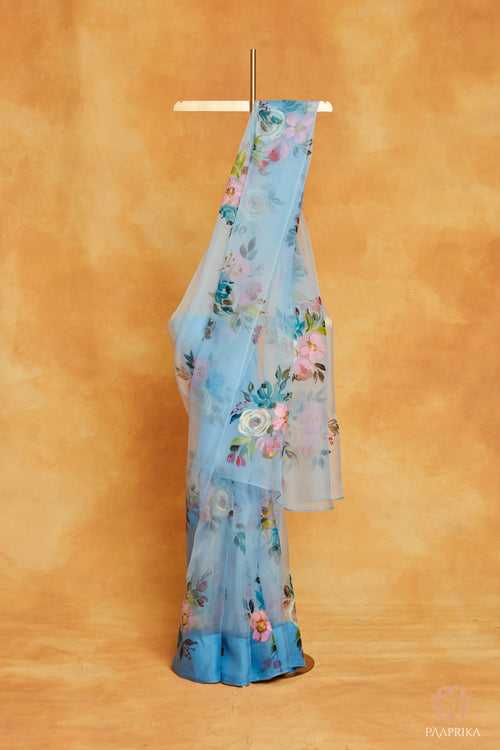 Powder Blue Handpainted Organza Floral Saree