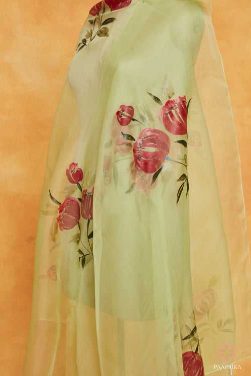 Handpainted Pastel Lightgreen Floral Organza Dupatta