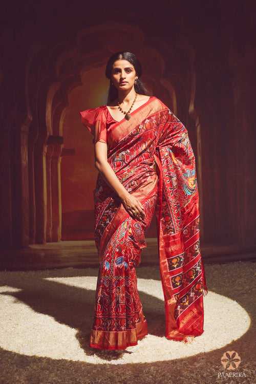 Red Pure Ikat Handwoven Silk Saree With Animal Detailing