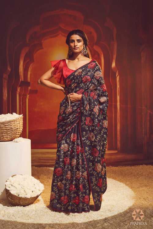 Black and Red Tussar Silk Floral Embroidered Saree