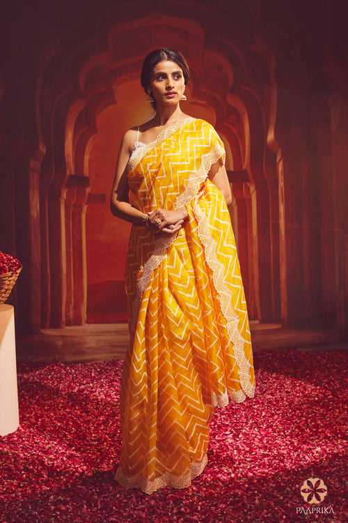 Yellow Lehriya Organza Saree With Scalloped Edge Border