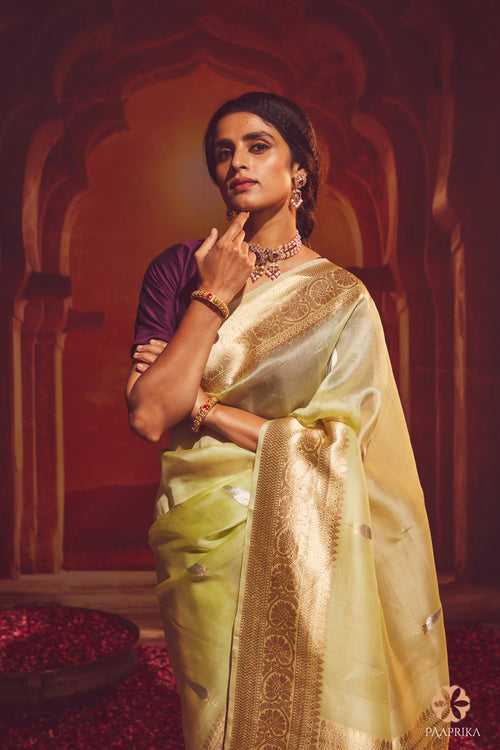 Pastel Lightgreen Handwoven Banarasi Organza Saree