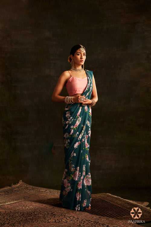Exquisite Teal Green Floral Printed Georgette Saree - Graceful Blooms in Serene Hues