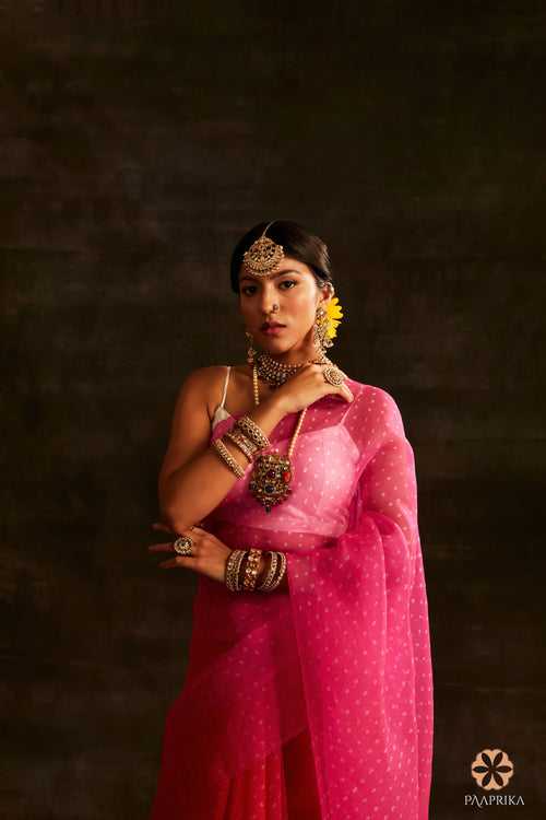 Hot pink Bandhej Organza Saree