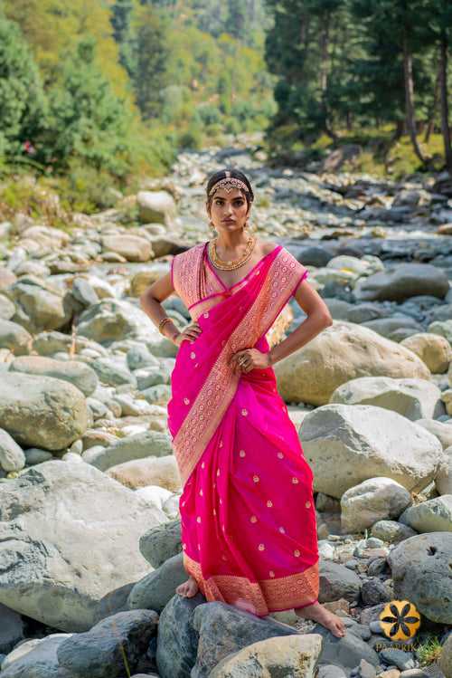 Hot Pink Handwoven Pure Banarasi Saree With Minakari Buti Border