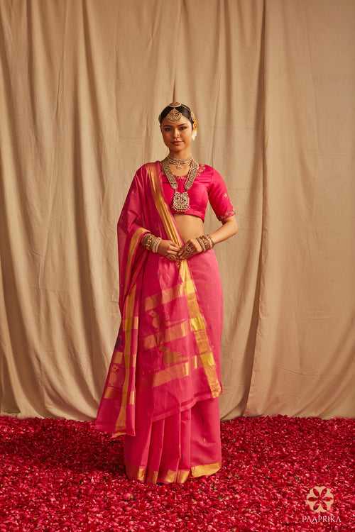 Pure Venkatagiri Handwoven Pink Cotton Saree With Golden Parrot Detailing