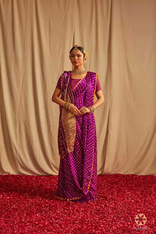 Violet Handcrafted  Silk Saree Set With Lagdi Patta Palla