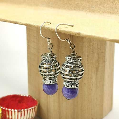 Long Blue Metallic Drop Earrings In German Silver