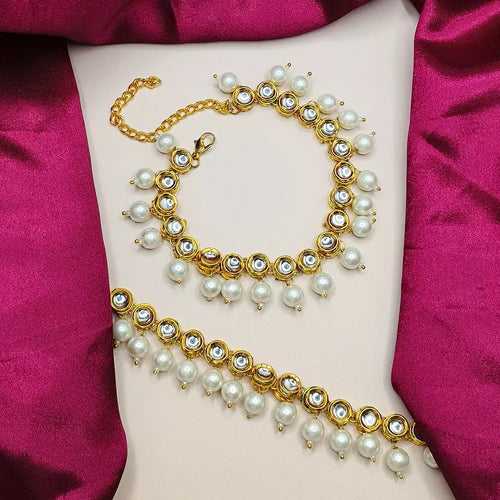 Gold Plated Pearl Kundan Anklet Pair