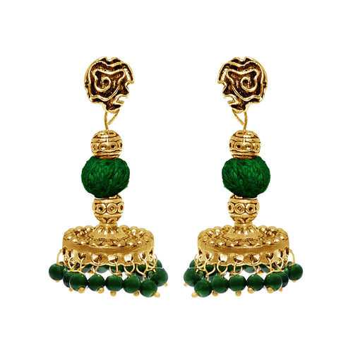 Golden finish trendy green beads oxidized drop earrings