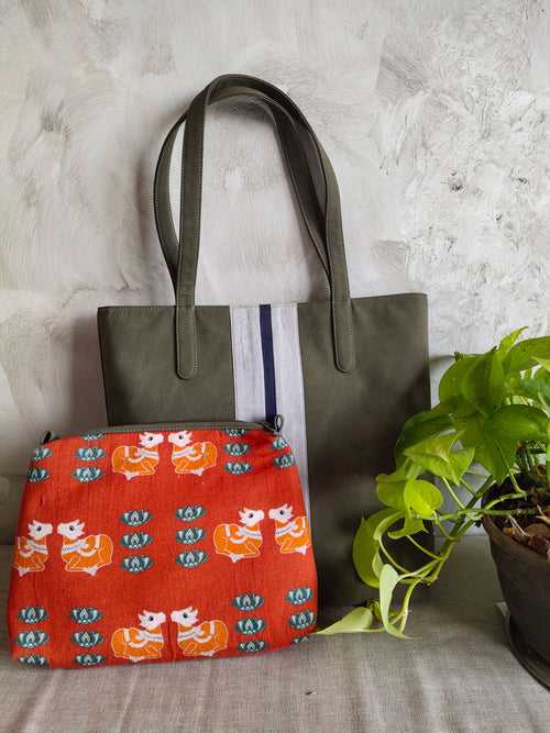 Bag with kalamkari cow pouch ( set of 2 )