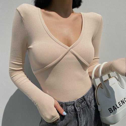 Crossover Long Sleeves Rib Knit Top