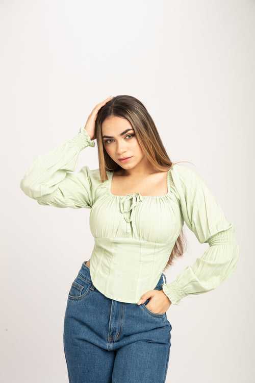 Pistachio Green Puff Sleeve Milkmaid Crop Top