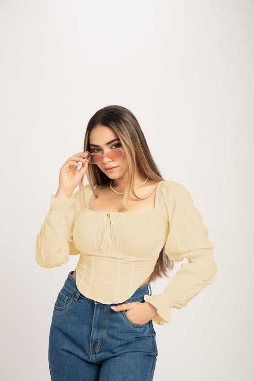 Neutral Beige Puff sleeve Milkmaid Crop Top