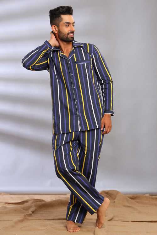 Blue and Yellow Stripes Pajama Set for Men