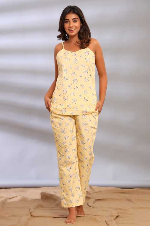 Yellow Floral Spaghetti Top with Pajamas for Women