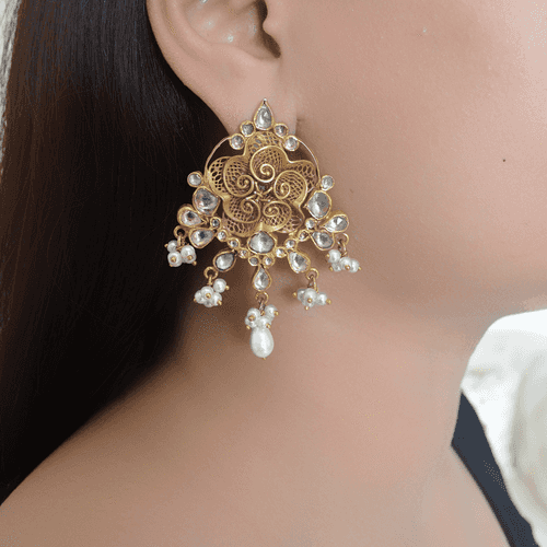 Floral kundan silver earrings(gold polish)