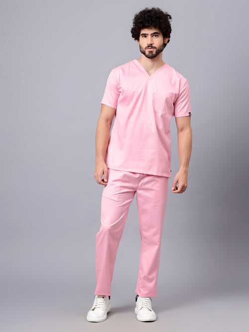 Stretchable (2Way) Male Powder Pink V-Neck With Straight Pant Scrub Set