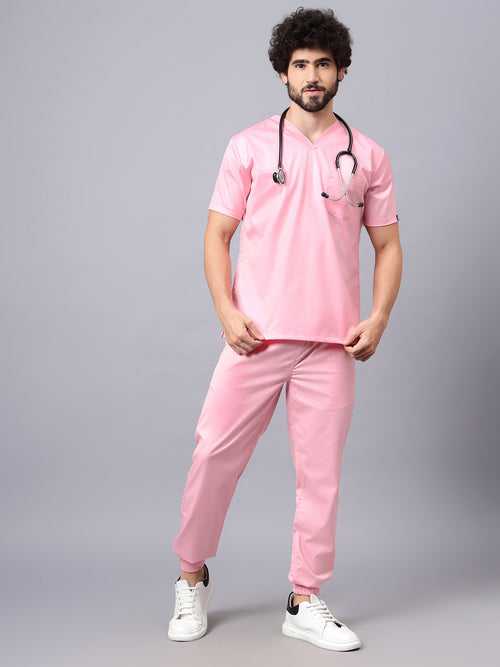 Copy of Stretchable (2Way) Male Powder Pink V-Neck With Jogger Scrub Set