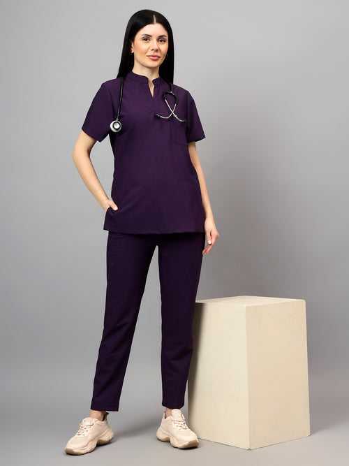 Stretchable (4Way) Female Violet Mandarin Neck With Straight Pant Set