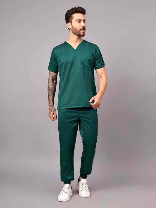 Stretchable (2Way) Male Hunter Green V-Neck With Jogger Scrub Set