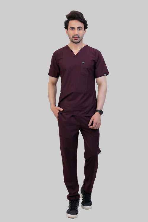 Stretchable (4Way) Male Wine V-Neck With Straight Pant Scrub Set